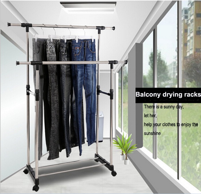 Adjustable Stainless Steel Double Pole Clothes Drying Rack with Wheels