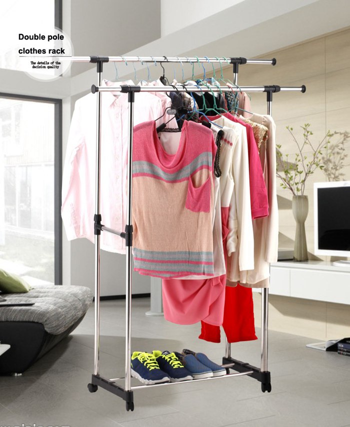 Adjustable Stainless Steel Double Pole Clothes Drying Rack with Wheels