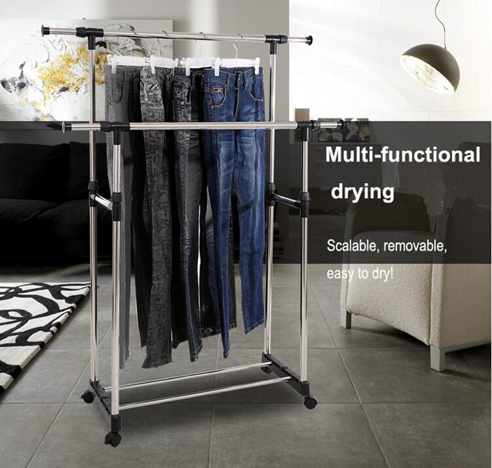 Adjustable Stainless Steel Double Pole Clothes Drying Rack with Wheels