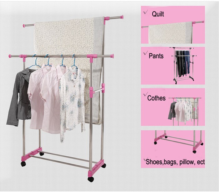 Adjustable Stainless Steel Double Pole Clothes Drying Rack with Wheels