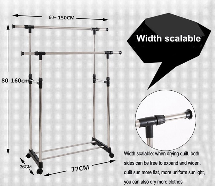 Adjustable Stainless Steel Double Pole Clothes Drying Rack with Wheels