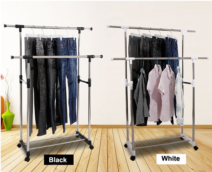 Adjustable Stainless Steel Double Pole Clothes Drying Rack with Wheels