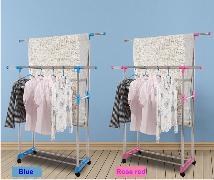 Adjustable Stainless Steel Double Pole Clothes Drying Rack with Wheels