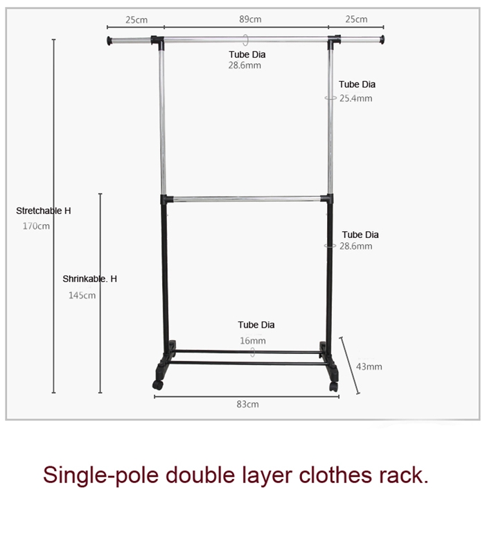 Adjustable Single-pole Double Layer Clothes Drying Rack with Wheel