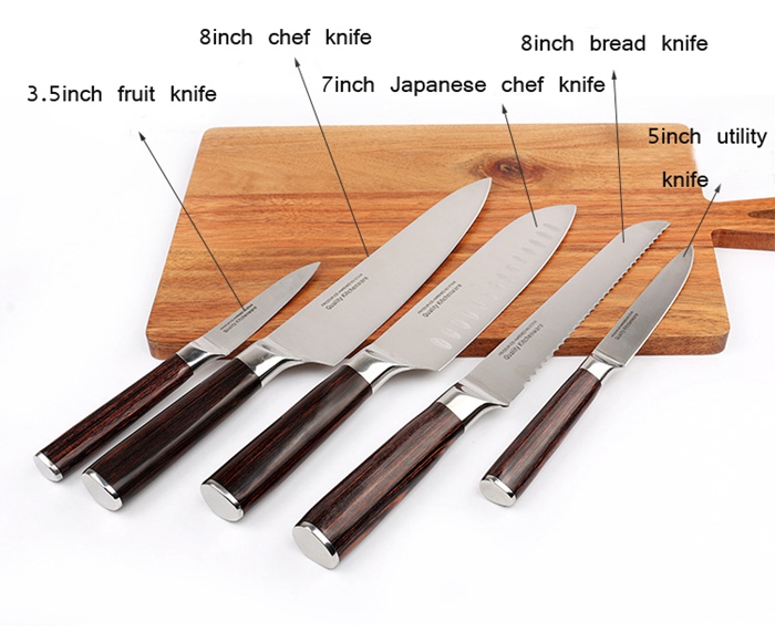 Stainless Steel 6pcs Kitchen Knife Set With Wooden Handle and Knife Block