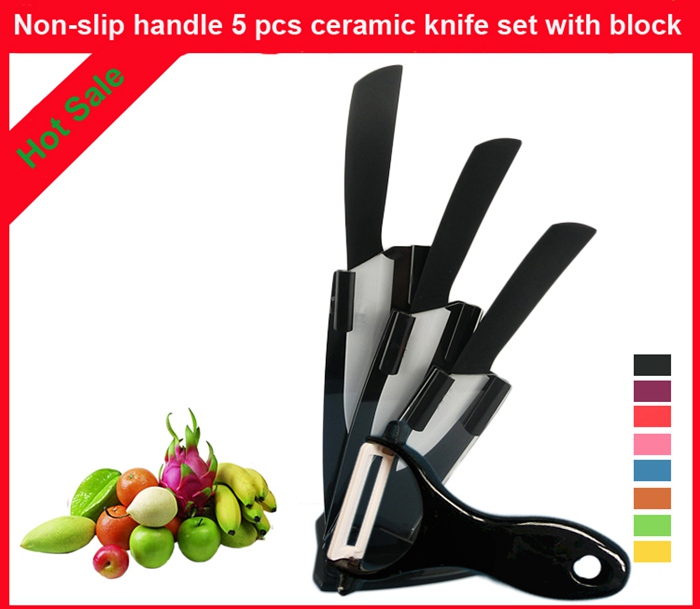 Non-Slip Handle 5 Pcs Ceramic Knife Set with Block