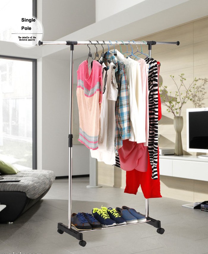 Adjustable Stainless Steel Single Pole Clothes Drying Rack with Wheels