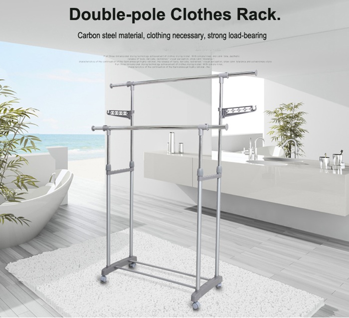 Adjustable Double-pole Clothes Drying Rack with Wheel