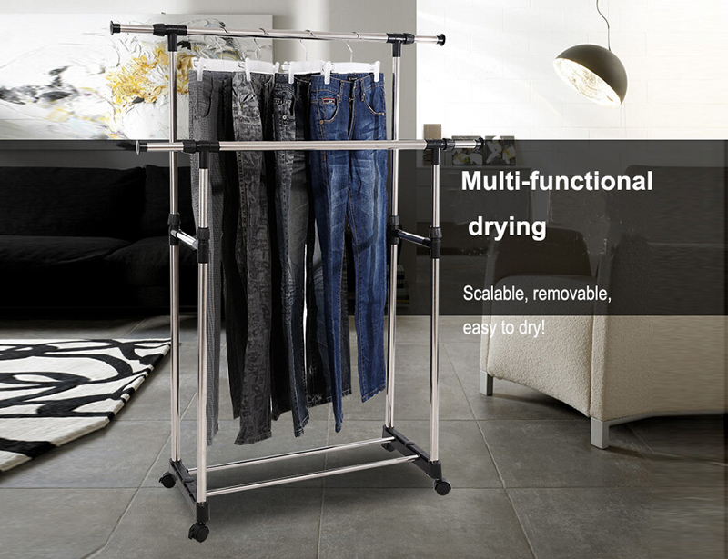 Adjustable Stainless Steel Double Pole Clothes Drying Rack with Wheels