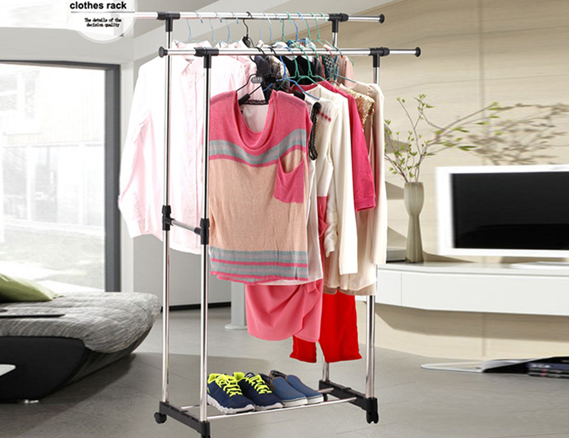 Adjustable Stainless Steel Double Pole Clothes Drying Rack with Wheels