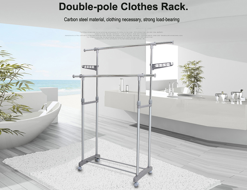 Adjustable Double-pole Clothes Drying Rack with Wheel