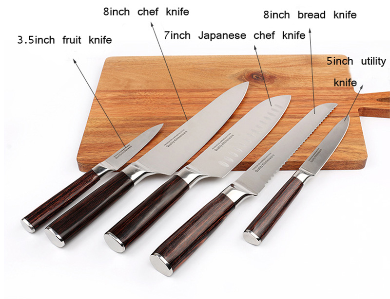 Stainless Steel 6pcs Kitchen Knife Set With Wooden Handle and Knife Block