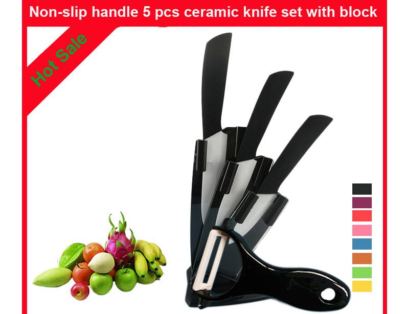 Non-Slip Handle 5 Pcs Ceramic Knife Set with Block